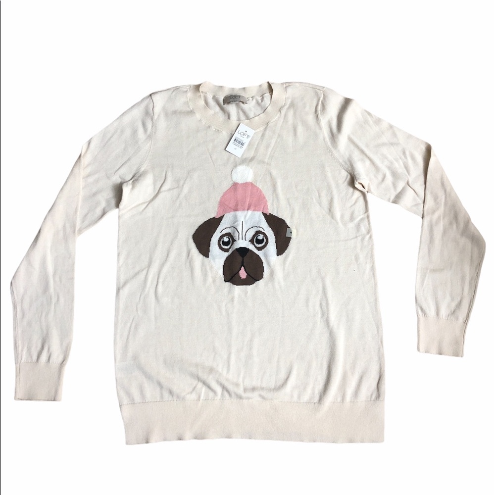 Loft Pug Santa Hat Knit Sweater M NWT